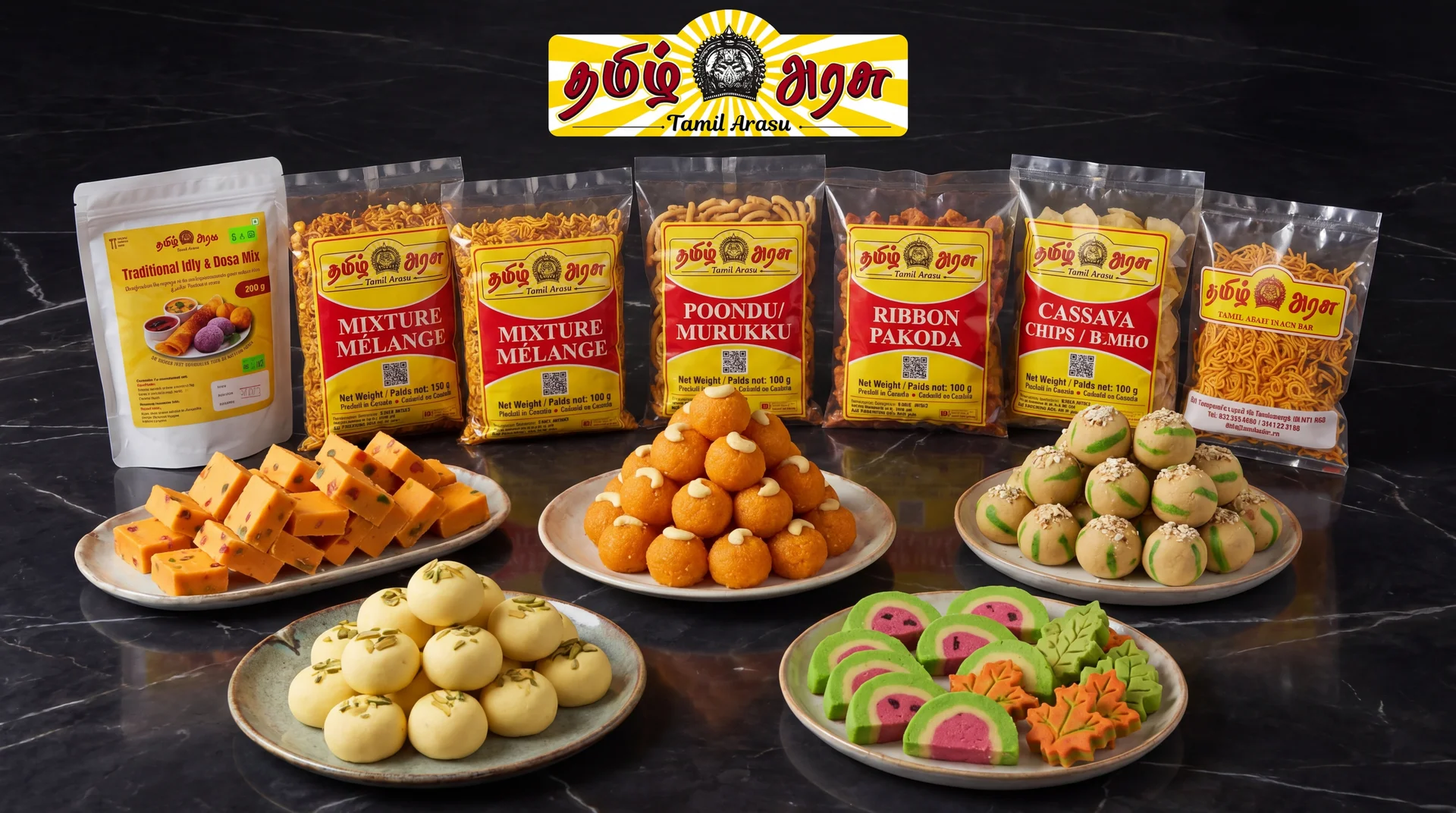 Tamil Arasu festive product lineup with sweets and snacks